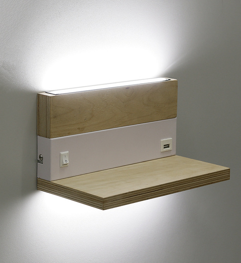 A wooden + white wall lamp with a 4000k led shelf