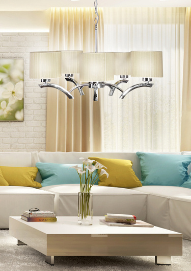 Hanging lamp chrome + cream lampshade 5x60W chandelier Draga Candellux 35-04222  