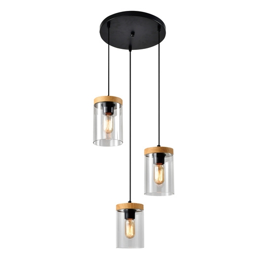 Wels hanging lamp on a plafond 3X40 black + wooden smoked shade 33-22011
