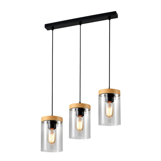 Lampe suspendue Wels 3X40 noir + abat-jour en bois fumé 33-22004