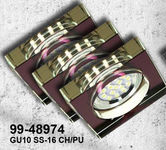 Ein Set aus drei Candellux SS-16 GU10-LED-Leuchten mit einer LED-Glühbirne, Chrom und violettem Glas