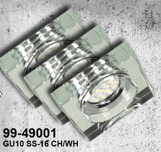 Set aus drei Candellux Ss-16 Gu10 LED-Leuchten mit LED-Glühbirne, quadratisches Chrom-Klarglas