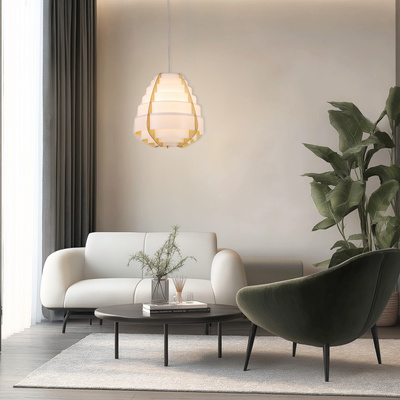 Lampa wisząca NAGOJA w stylu Japandi – biało-beżowy klosz z tworzywa i drewna – skandynawska lampa do salonu E27