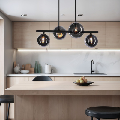 Lampa wisząca KAMA czarna w stylu dark japandi – z grafitowymi kloszami kulami – designerska lampa do salonu 4x G9 LED