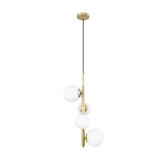 Lampa wisząca CORDEL elegancka - złoty mosiądz z białymi kloszami kulkami - designerska lampa do salonu 4x G9 LED
