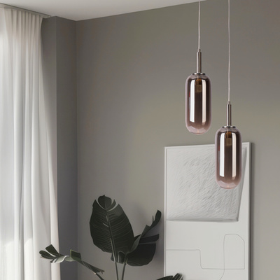 Hanging lamp FIUGGI silver with elongated glass shade modern LED lamp over table