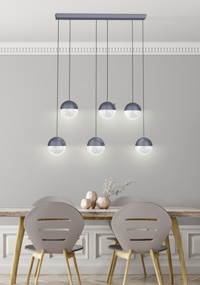 Lampa wisząca FURNI 6-punktowa szara – ze szklanymi kloszami kulami - designerska lampa do salonu LED 4000K