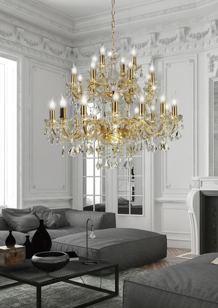 Kryształowy żyrandol MARIA TERESA 28x E14 złoty - żyrandol glamour do salonu