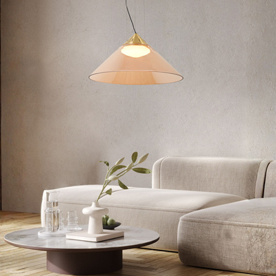 Pendant lamp Presto 42 glass gold with amber shade over table GX53