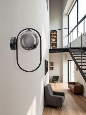 Wall sconce CORDEL in dark japandi style black ring with graphite ball shade modern LED G9 bedroom wall light