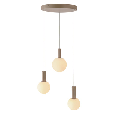 Pendant lamp Testa beige triple white globe shades over table