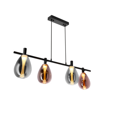 Pendant lamp Denso glass black over table triple with smoked and copper shades