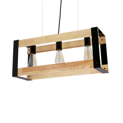 Hängelampe aus schwarzem Metall + Holz 3xE27 Varna 33-79077