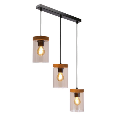Lampa suspendata Wels 3X40 negru + abajur lemn afumat 33-22004