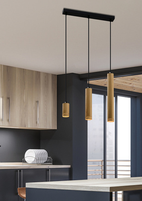 Lampa wisząca tuba Tubo czarna drewniana potrójna GU10 regulowana wysokość