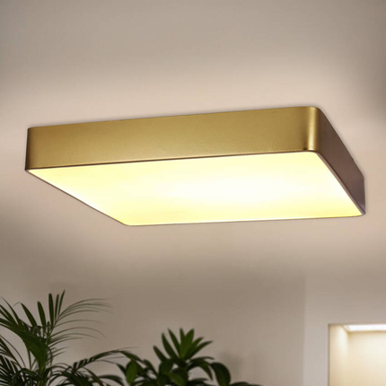 Plafon sufitowy LED QUATTRO złoty – kwadratowy ze szklanym kloszem - elegancka lampa sufitowa do korytarza i łazienki