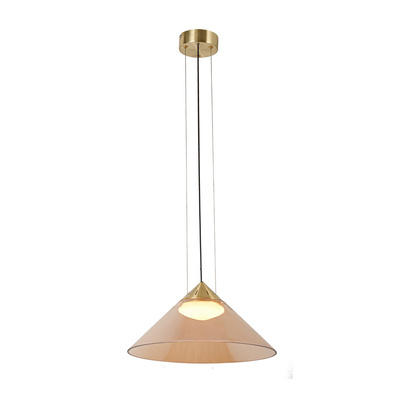 Pendant lamp Presto 42 glass gold with amber shade over table GX53
