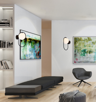 Kinkiet ścienny CORDEL elegancki  – czarny ring z mlecznym kloszem kulką - nowoczesny kinkiet LED G9 do sypialni