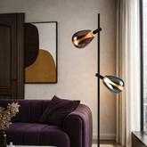 Denso black two light floor lamp with smoked and copper glass shades
