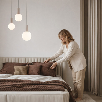Lampe suspendue Testa beige triple globes blancs au dessus de table