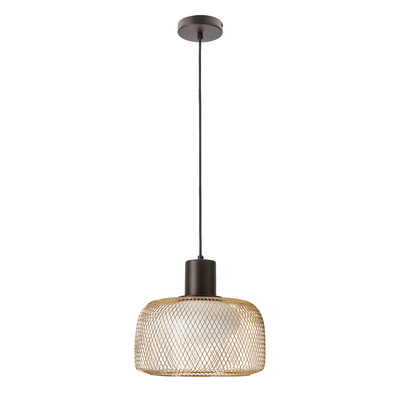 Pendant lamp Sopra 32 black gold with wire shade over table