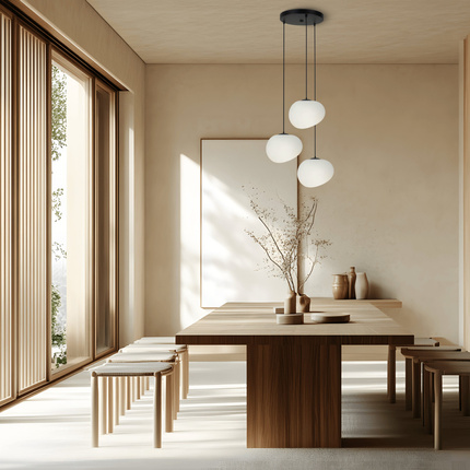 Lampa wisząca STONES w stylu Japandi - okrągła podstawa z kloszami 20 cm w kształcie kamienia - nowoczesne oświetlenie salonu 3x E27