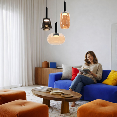 Lampa wisząca Bueno szklana pojedyncza bursztynowy klosz GX53