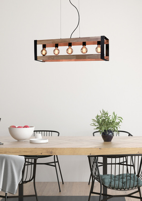 Hanging lamp black metal + wood 5x40W E27 Varna 35-79282