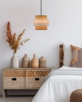 Rattan hanging lamp E27 white + cream shade