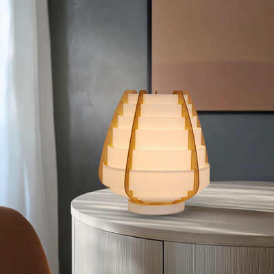 Table lamp NAGOYA in Japandi style white beige shade made of plastic and wood bedside table lamp E27