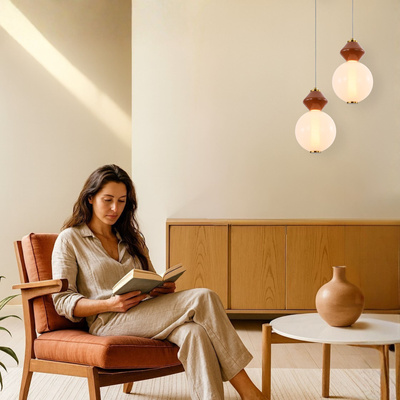 FLORES pendant lamp brass and brown 7W LED 3000K white shade