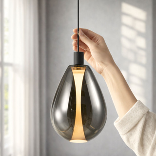 Hanging lamp Denso 20 glass black with smoked shade over dining table