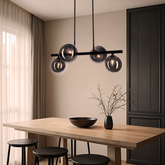 Lampa wisząca KAMA czarna w stylu dark japandi – z grafitowymi kloszami kulami – designerska lampa do salonu 4x G9 LED