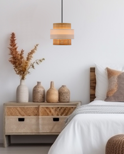 Rattan hanging lamp E27 white + cream shade