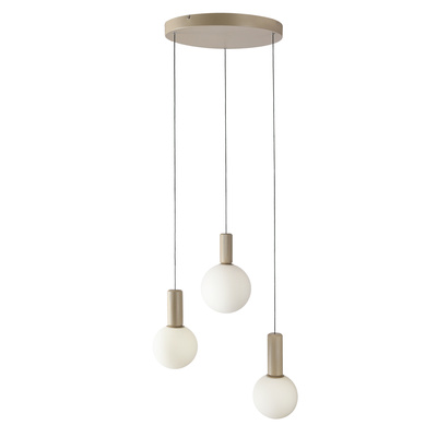 Pendant lamp Testa beige triple white globe shades over table