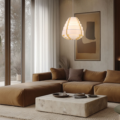 Lampa wisząca NAGOJA w stylu Japandi – biało-beżowy klosz z tworzywa i drewna – skandynawska lampa do salonu E27