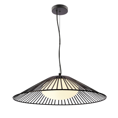 Lampa suspendata Sonte 60 neagra cu abajur alb deasupra mesei GX53