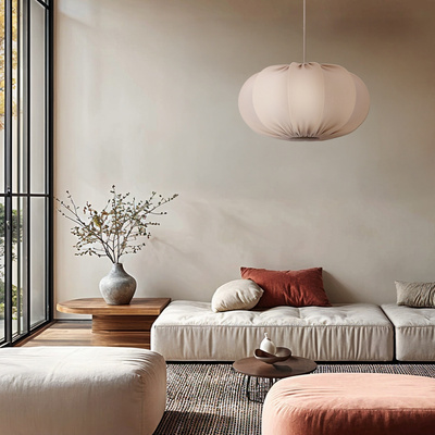 Hanging lamp CAFEE Scandinavian with beige frappe shade 52 cm minimalist ceiling lighting in japandi style E27