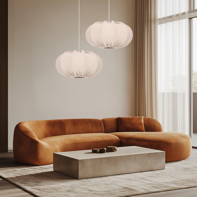 Hanging lamp CAFEE Scandinavian with beige frappe shade 52 cm minimalist ceiling lighting in japandi style E27