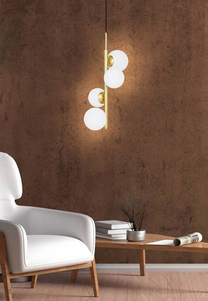 Lampa wisząca CORDEL elegancka - złoty mosiądz z białymi kloszami kulkami - designerska lampa do salonu 4x G9 LED