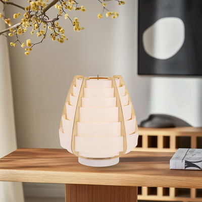 Table lamp NAGOYA in Japandi style white beige shade made of plastic and wood bedside table lamp E27