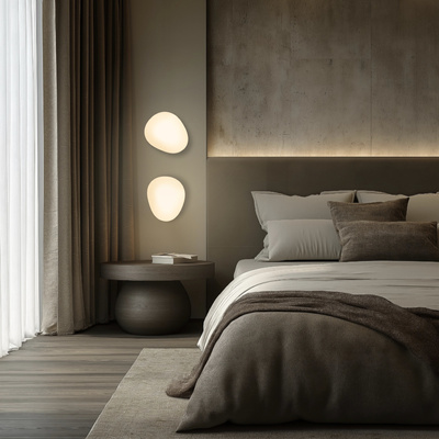 Kinkiet ścienny STONES inspirowany kamieniem – biały akrylowy klosz 20 cm w stylu japandi - stylowy kinkiet do sypialni E27