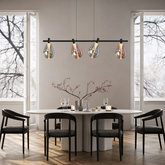 Suspension Denso en verre noir au dessus de table triple avec abat jour fumés et cuivrés