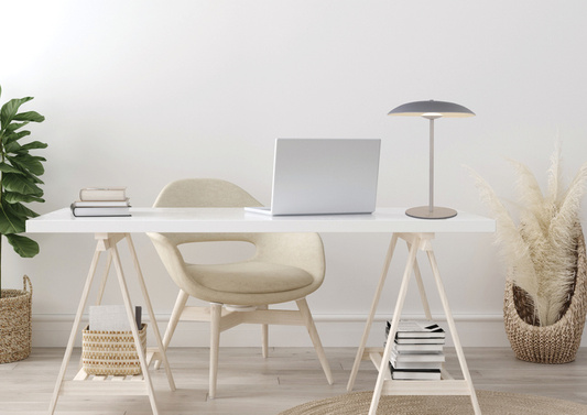 Lampa stołowa LUND w stylu skandynawskim – biały klosz talerz - minimalistyczna lampa do salonu i sypialni