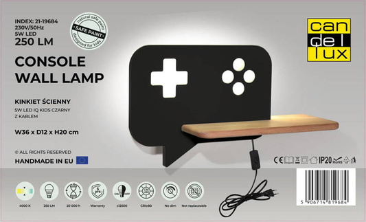 Applique étagère 5W LED Console Kids noir avec câble Candellux 21-19684