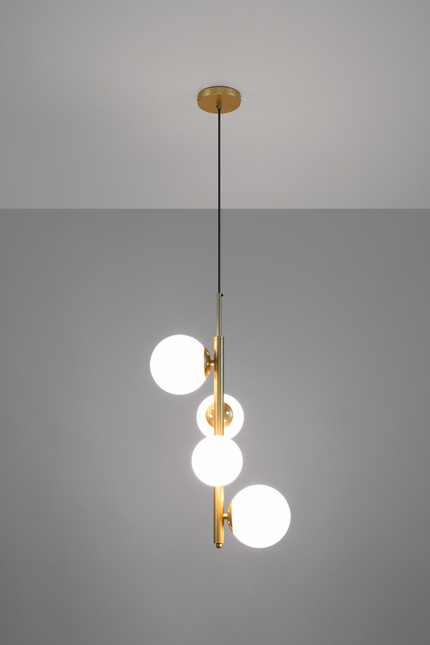 Lampa wisząca CORDEL elegancka - złoty mosiądz z białymi kloszami kulkami - designerska lampa do salonu 4x G9 LED