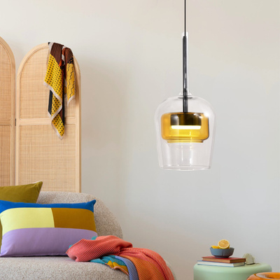 Lampa suspendată Glaxi din sticlă cu dublu abajur transparent și galben GX53
