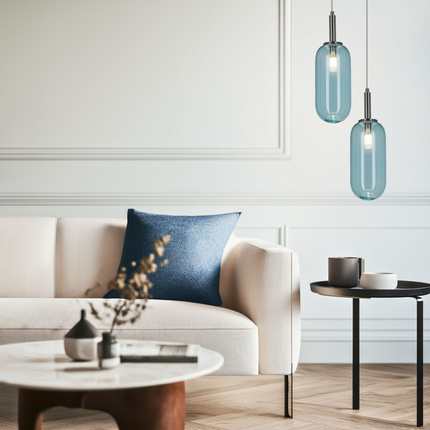 Lampa wisząca FIUGGI niebieska - ze szklanym z długim kloszem – nowoczesna lampa LED nad stół i do salonu