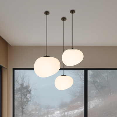 Hanging lamp STONES 30 cm in Japandi style with white acrylic stone inspired shade minimalist ceiling lighting for living room E27