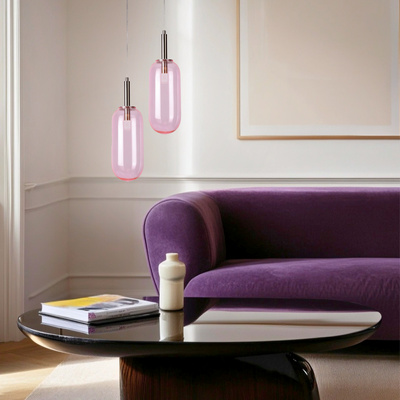 Pendant lamp FIUGGI pink with elongated glass minimalist LED lamp over table